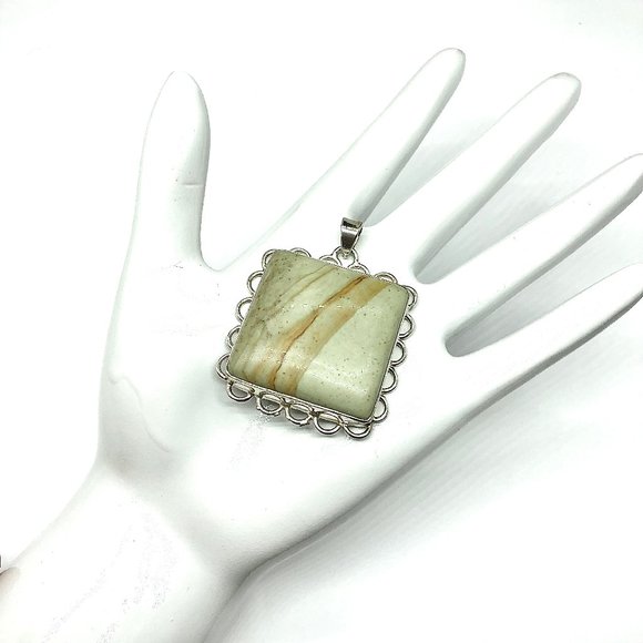 Sterling Silver Pendant w/ Rubbed Sage Color Picture Jasper Stone - Picture 2 of 5